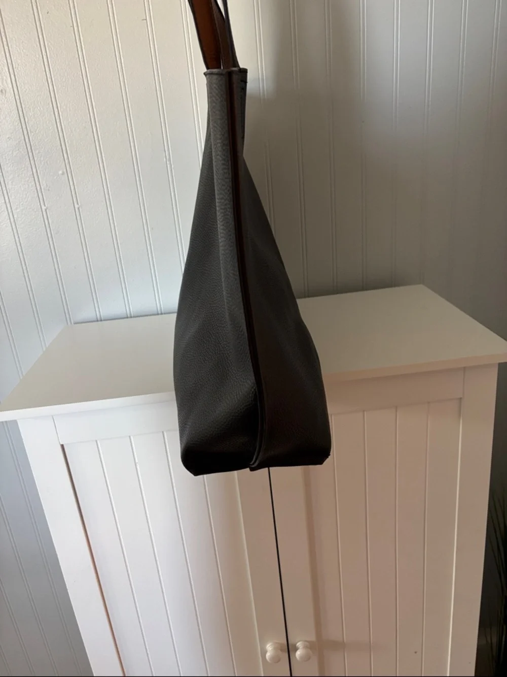 Large Black Leather Tote with Brown Accents